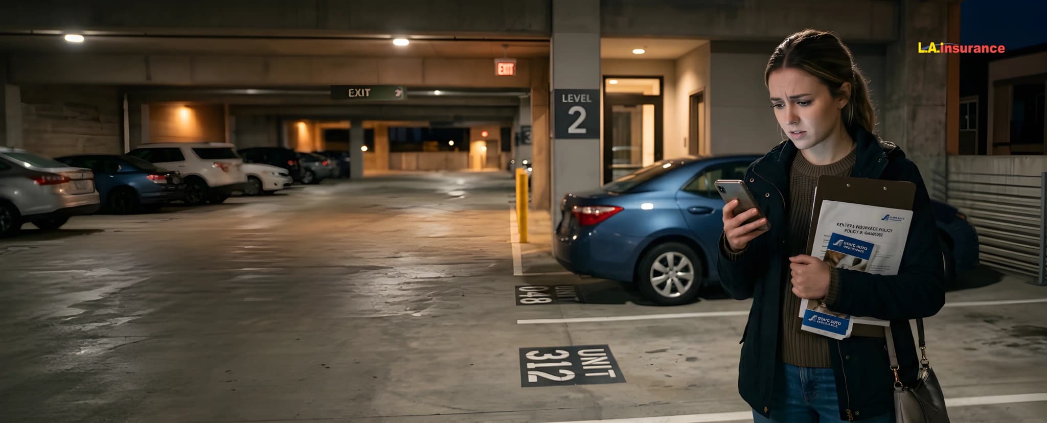 Does Renters Insurance Cover Car Theft? Worried woman holding renters insurance documents while checking her phone in a parking garage after possible car theft incident