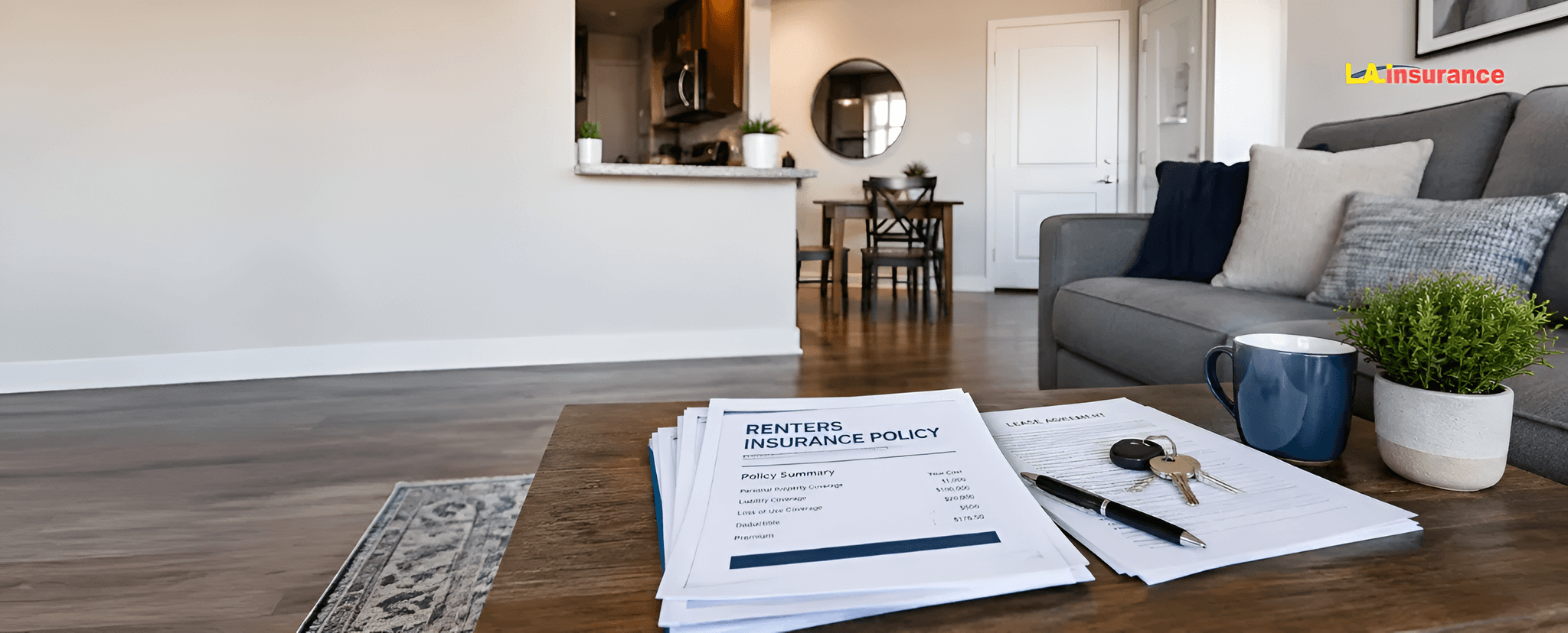 How Much Is Renters Insurance? Renters insurance policy documents with apartment keys on a table in a modern rental home