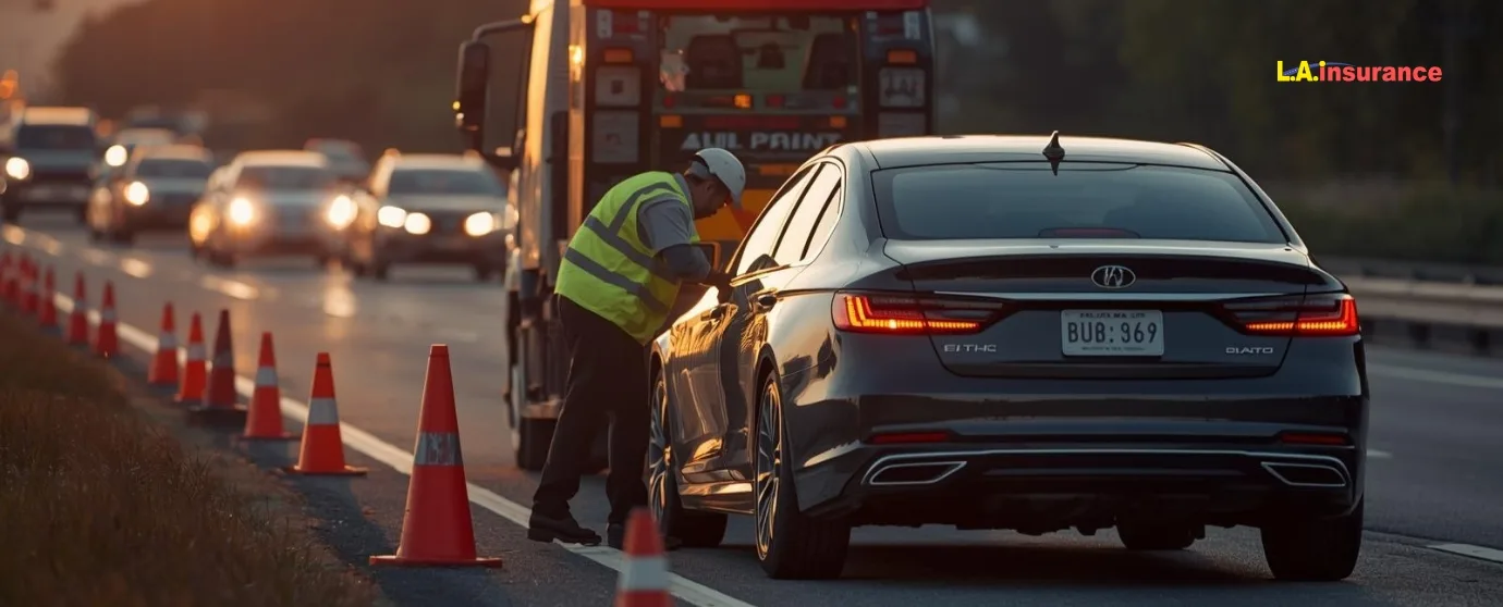 What is Roadside Assistance and What Does it Cover? Roadside assistance worker helping a broken-down car on a highway with tow truck and safety cones