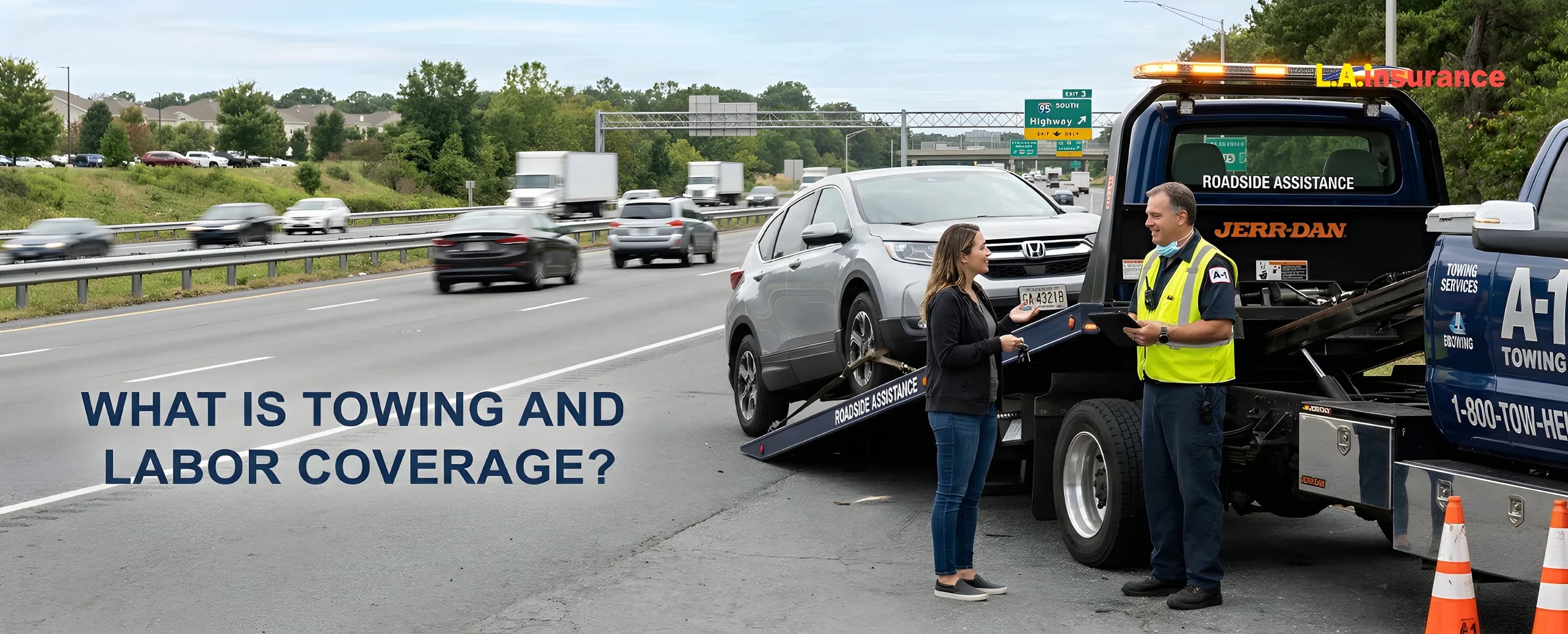 What Is Towing and Labor Coverage? Roadside assistance tow truck loading a broken-down car on a highway while a driver speaks with a towing operator about towing and labor coverage