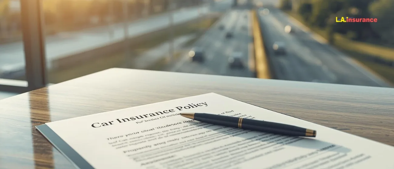 Is Car Insurance Required in Texas? Car insurance policy document with pen on a desk overlooking a busy highway, representing legal auto insurance requirements in Texas.